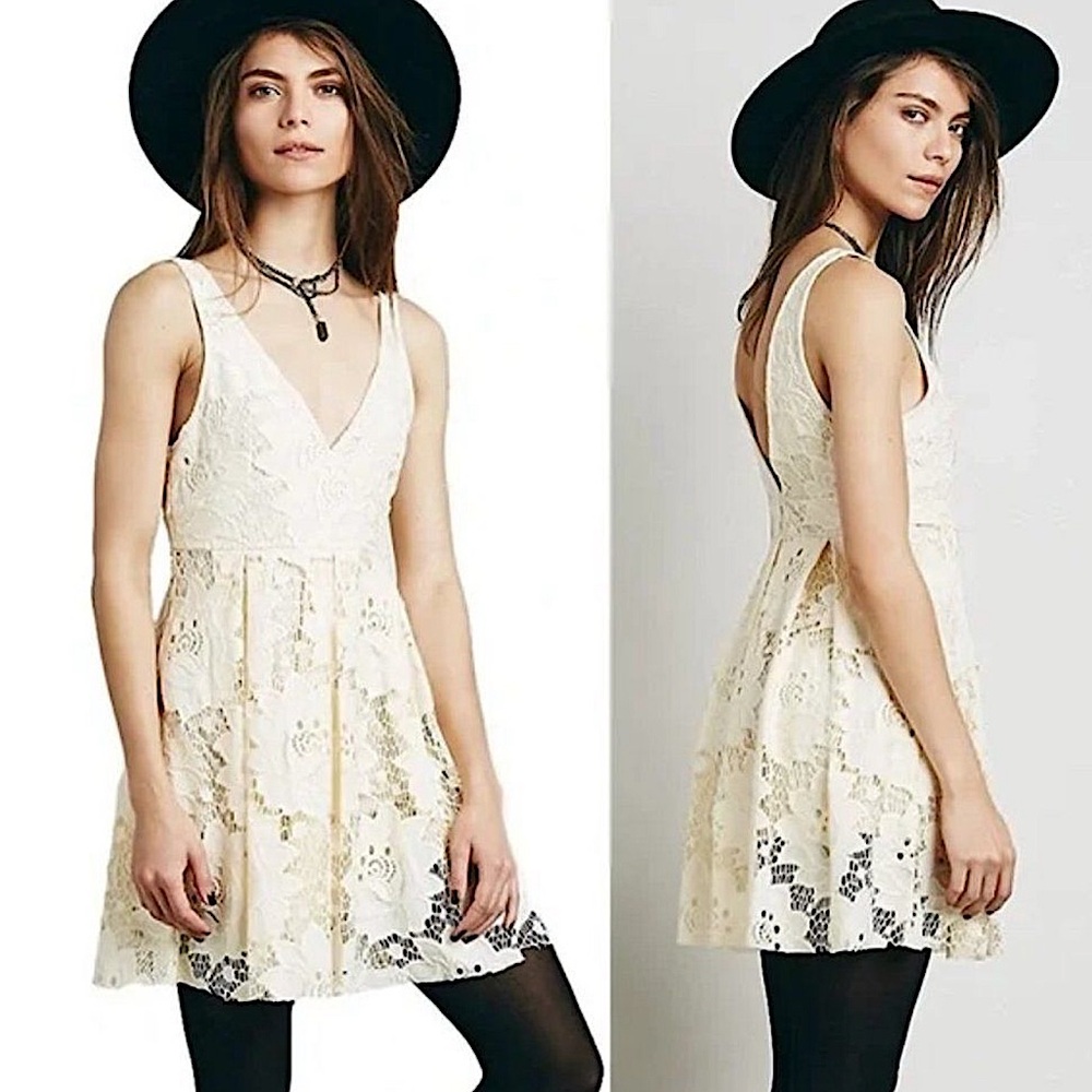 🍦Free People Take The Town Mini Boho Lace Dress in Off-White Cream Ivory, 2